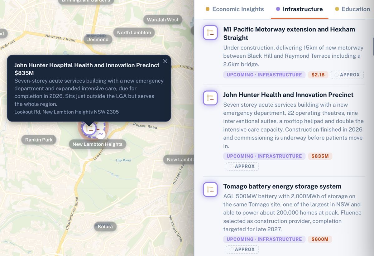 Infrastructure layer shown on the Brixel map with the research panel open