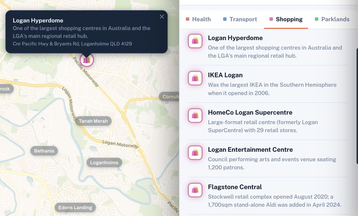 Shopping layer shown on the Brixel map with the research panel open